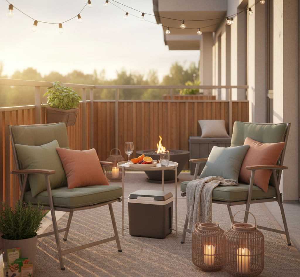 A bright modern small apartment balcony styled