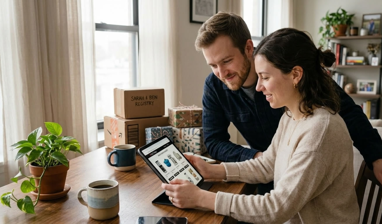 Couple reviewing completed gift registry on tablet at home dining table