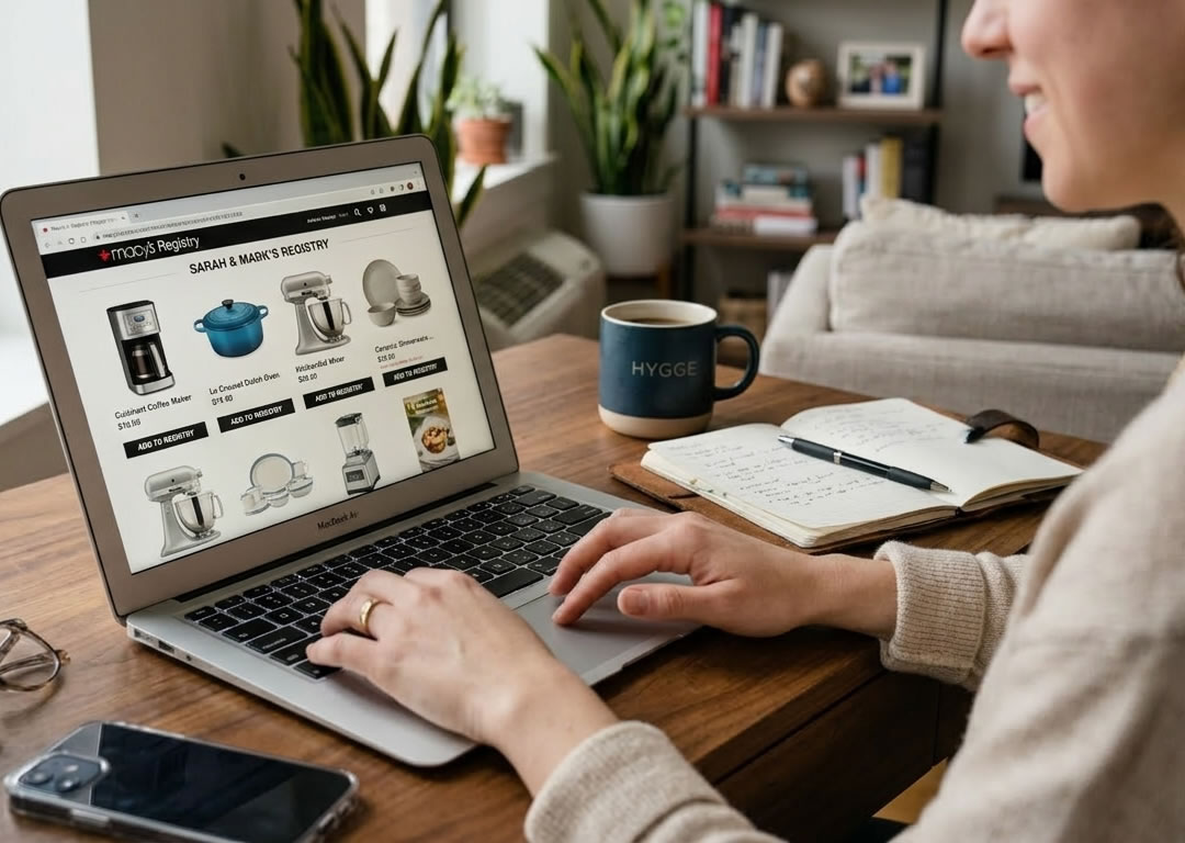 Woman creating universal gift registry on laptop with multiple store items displayed