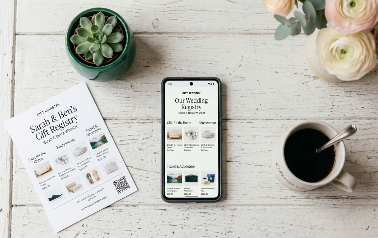 Mobile phone showing gift registry interface with invitation nearby