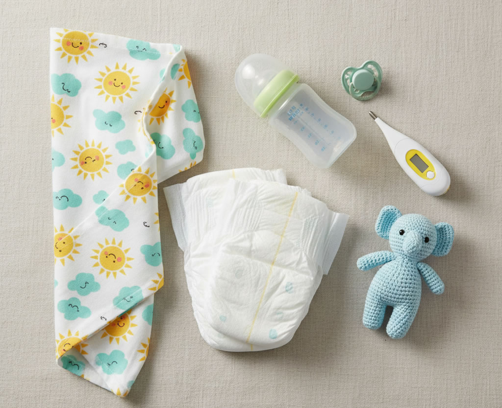 Baby essentials flatlay for a baby registry checklist