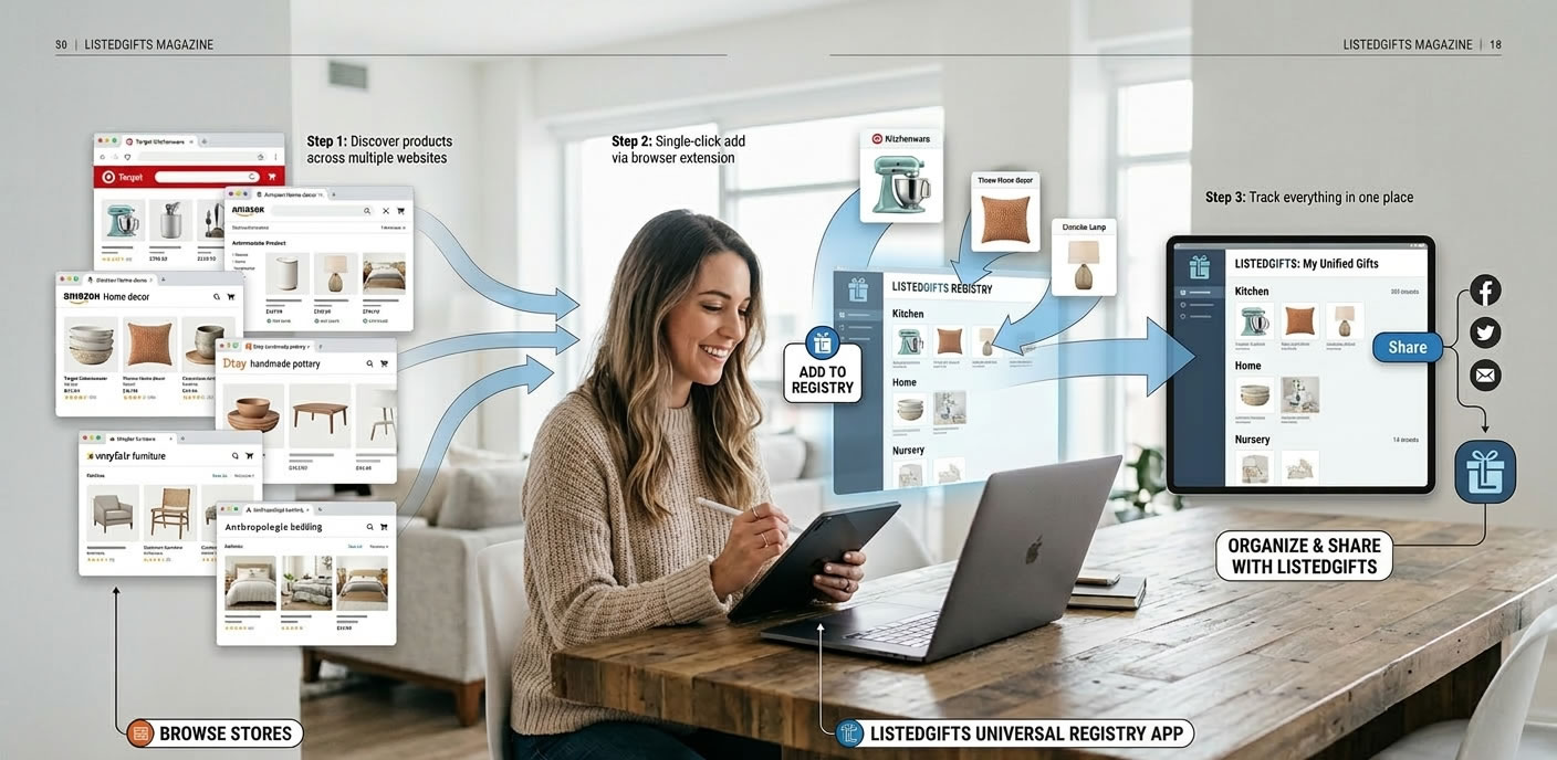  Visual workflow of adding items from many online stores into one universal registry