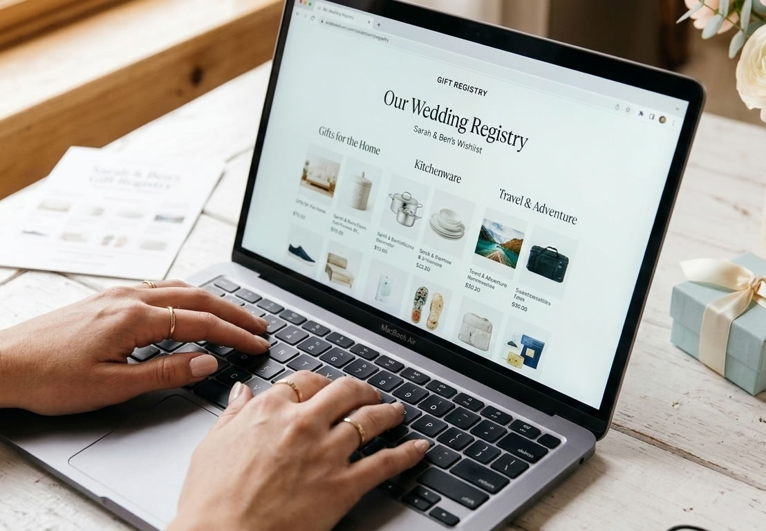 Creating a gift registry on laptop with celebration items nearby